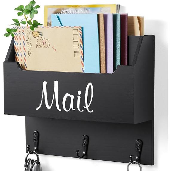 DRASTAR Mail Organizer Wall Mounted, Mail Key Holder for Wall, Hanging Mail Organizer, Wooden Mail Sorter, Retro White Wall Mail Basket for Home чёрный